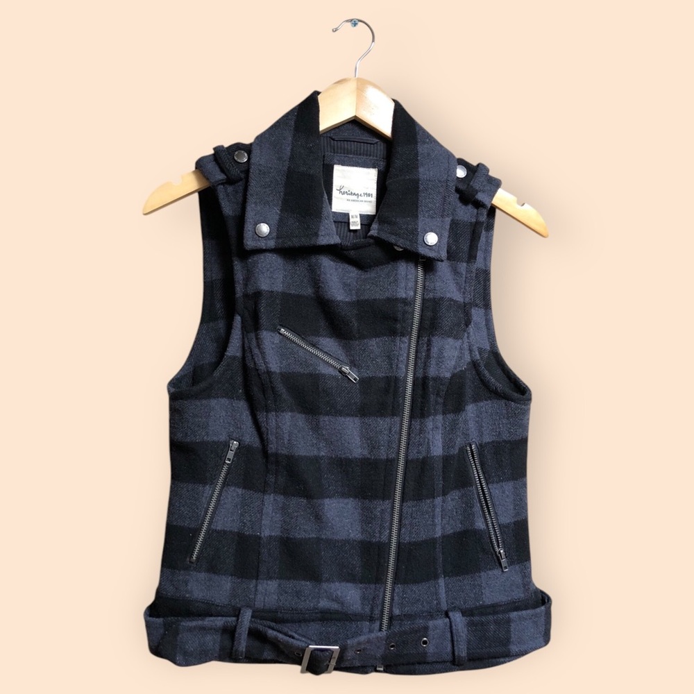 Heritage 1981 An American Brand Black Blue Checkered Full Zip Moto Vest Medium